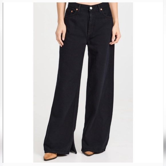 NWT RE/DONE black denim jeans wide Loose leg With Slit -Size 25 with a 30" Waist - Picture 1 of 16
